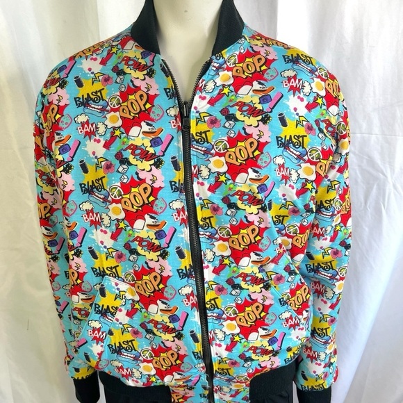 COMIC BOOK BOMBER JACKET CARTOON POW POP GRAPHIC BLUE RED MULTICOLOURED MEDIUM - Picture 4 of 12